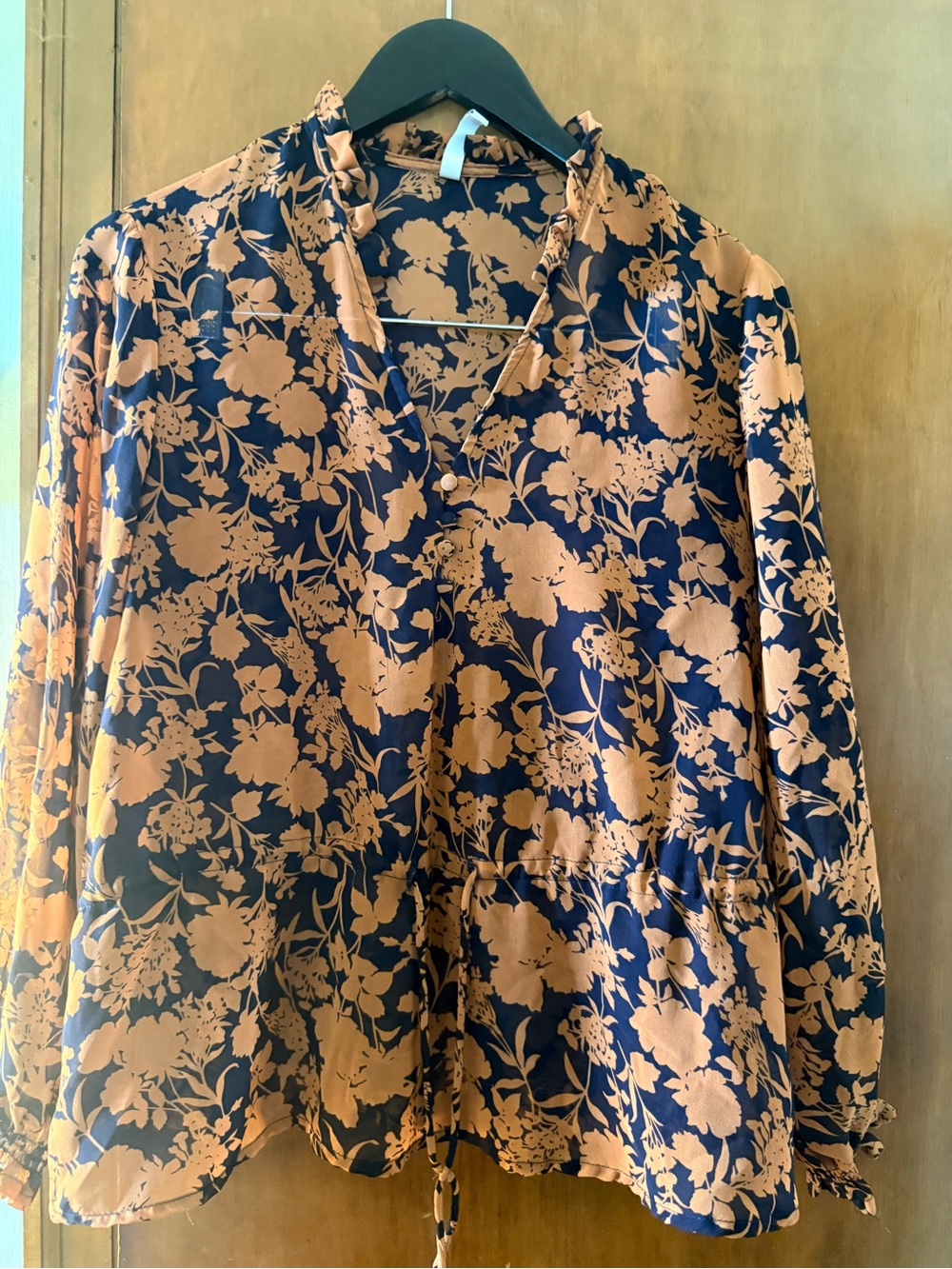 Mango Navy and Tan Floral V-Neck Blouse with drawstring waist sheer